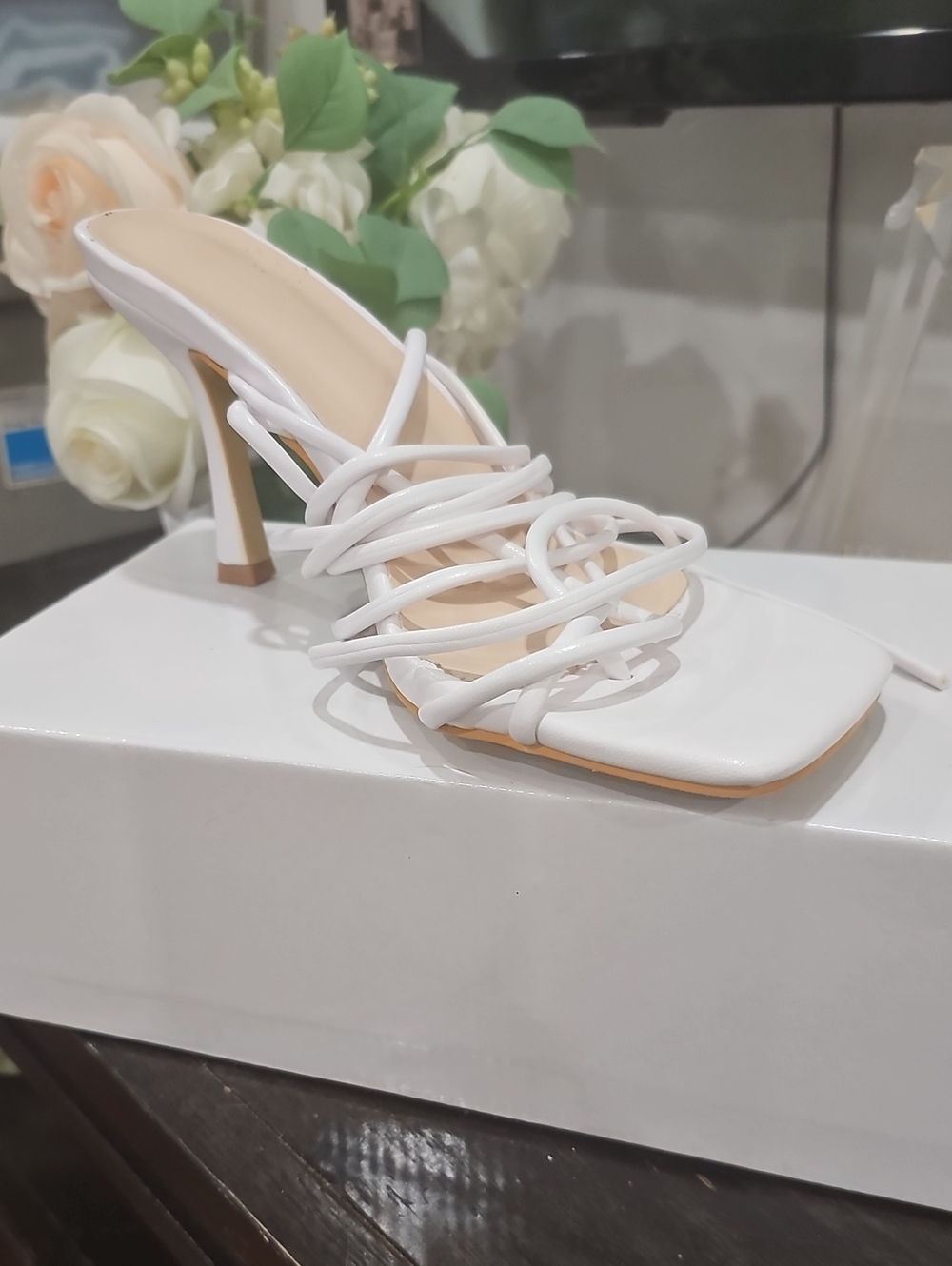 White Strappy Square-Toe High Heel Mule